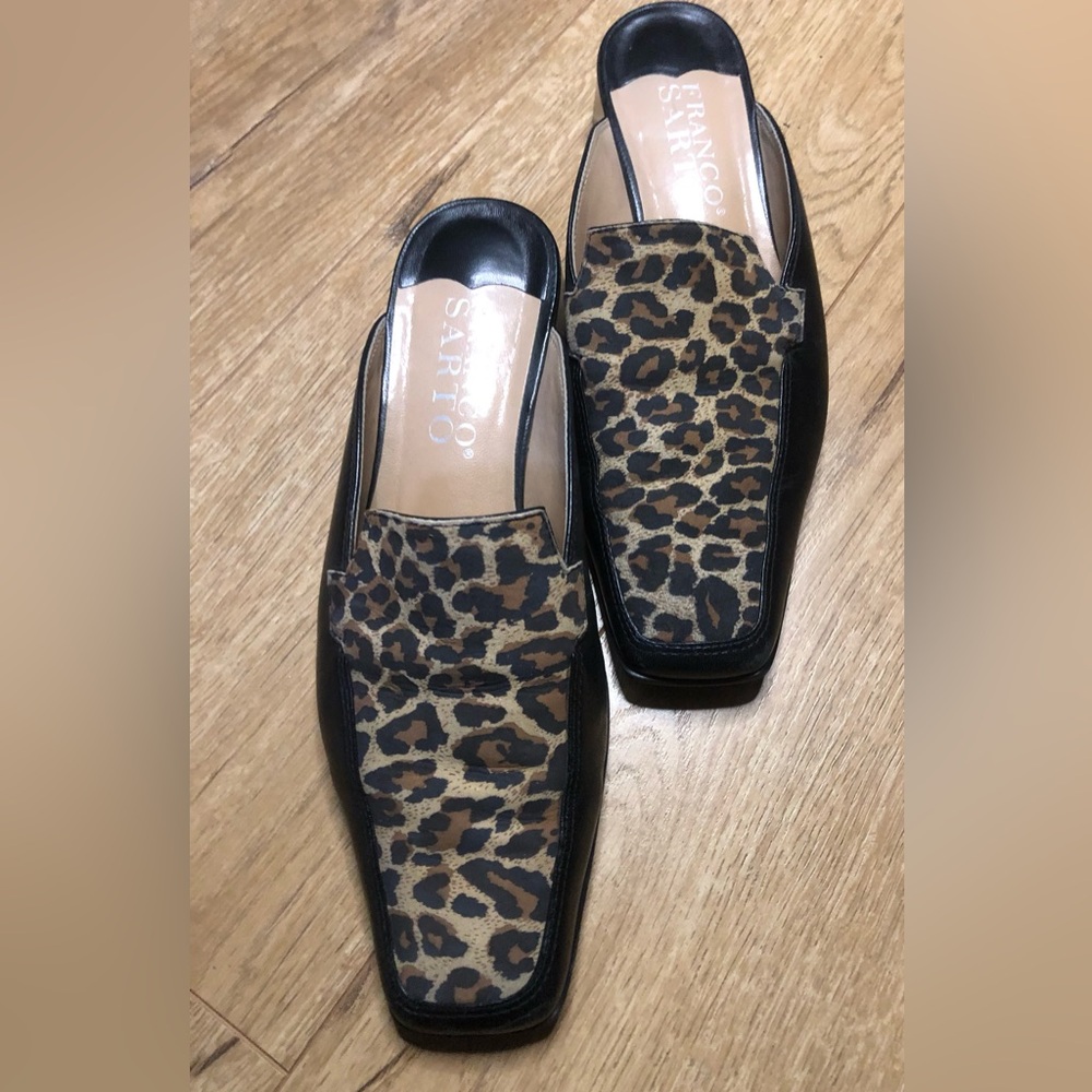Franco Sarto Loafer Slide (animal print) Chunky Block Heel flat Toe Size 7